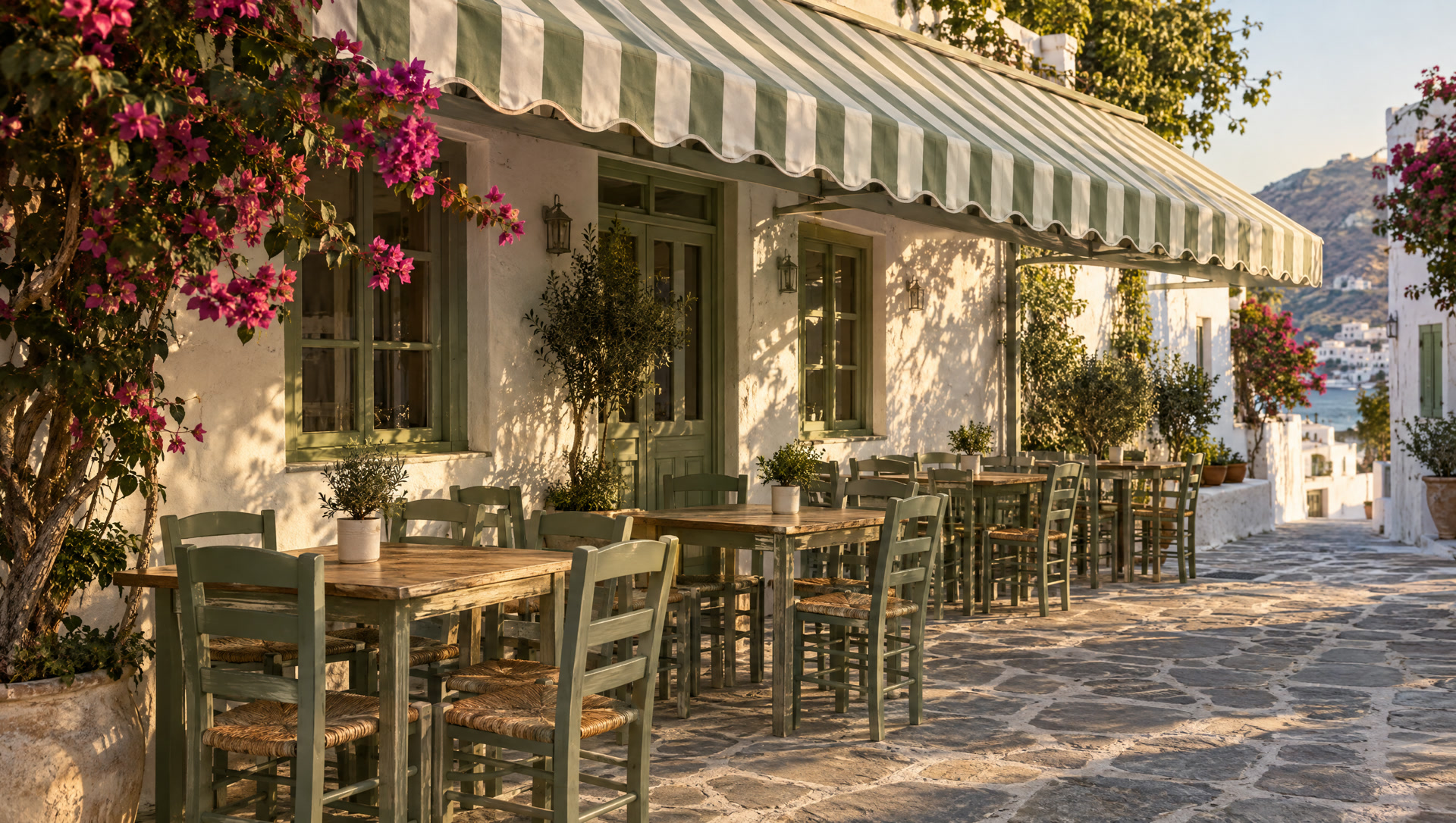 Καφέ της γειτονιάς κάτω από ριγέ τέντα